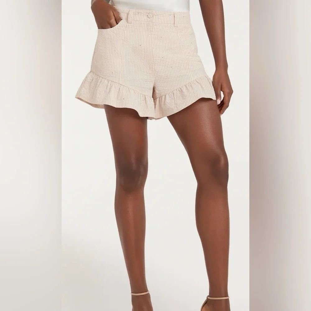 Cinq à Sept Shorts - Seersucker Cream Peplum Ruffle Shorts - Picture 5 of 5